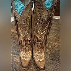 Corral Women's Brown Multicolor Swarovsky Pattern & Fringe Snip Toe Boots